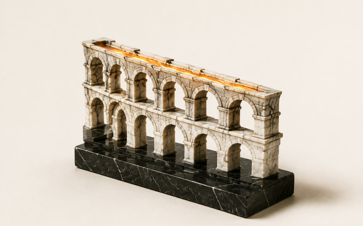 Modelo de aqueduto de arcos de mármore sobre base preta, com canal superior iluminado de âmbar