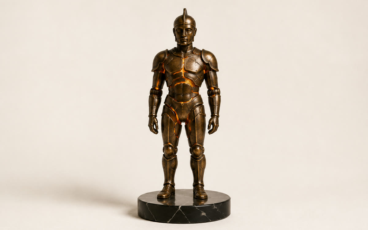 Autômato de bronze em pé sobre base de mármore preto, com brasa âmbar entre as placas do corpo
