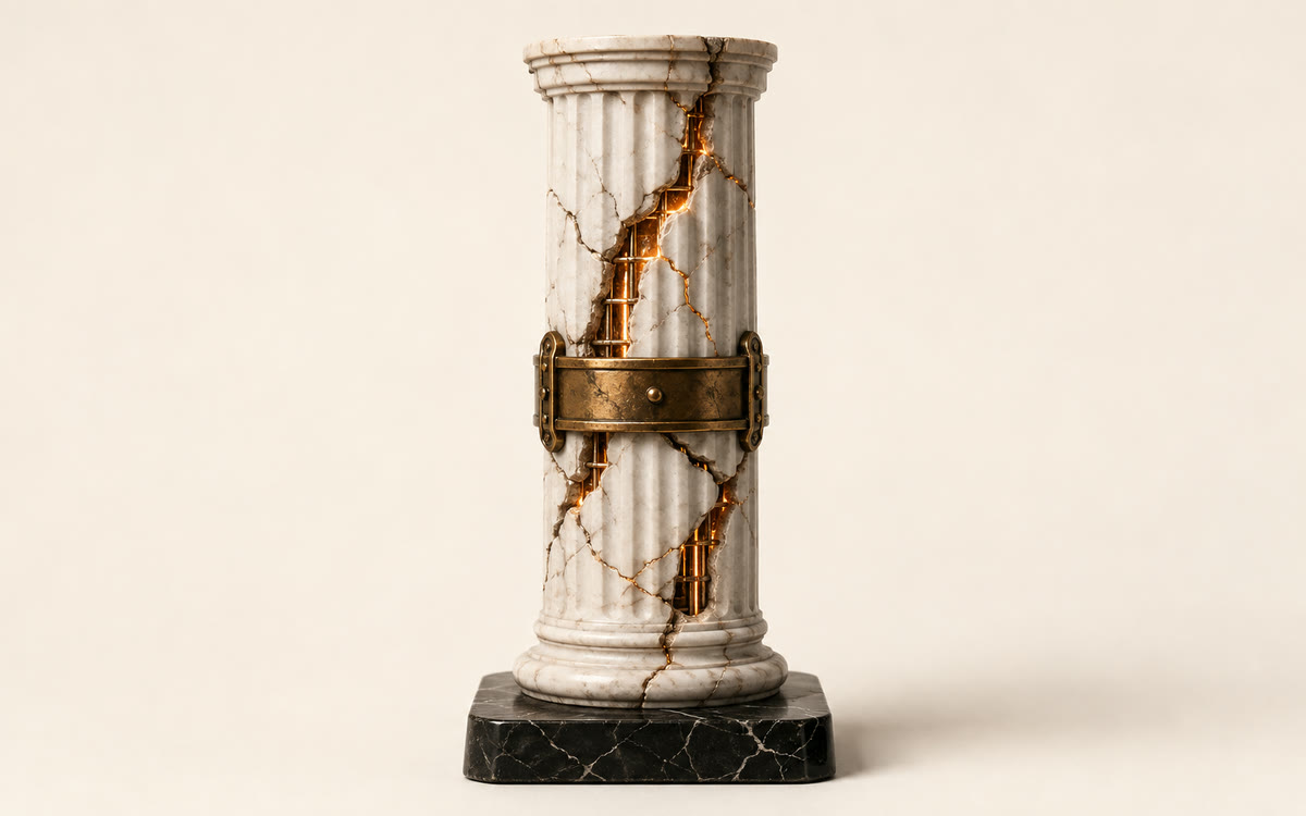Coluna canelada de mármore com braçadeira de bronze e fissuras iluminadas de âmbar por dentro