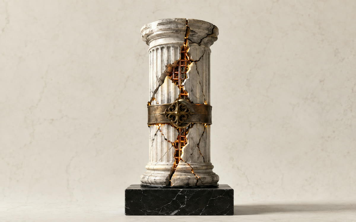 Coluna de mármore trincada, cintada por uma braçadeira de bronze, com fissuras iluminadas de âmbar por dentro