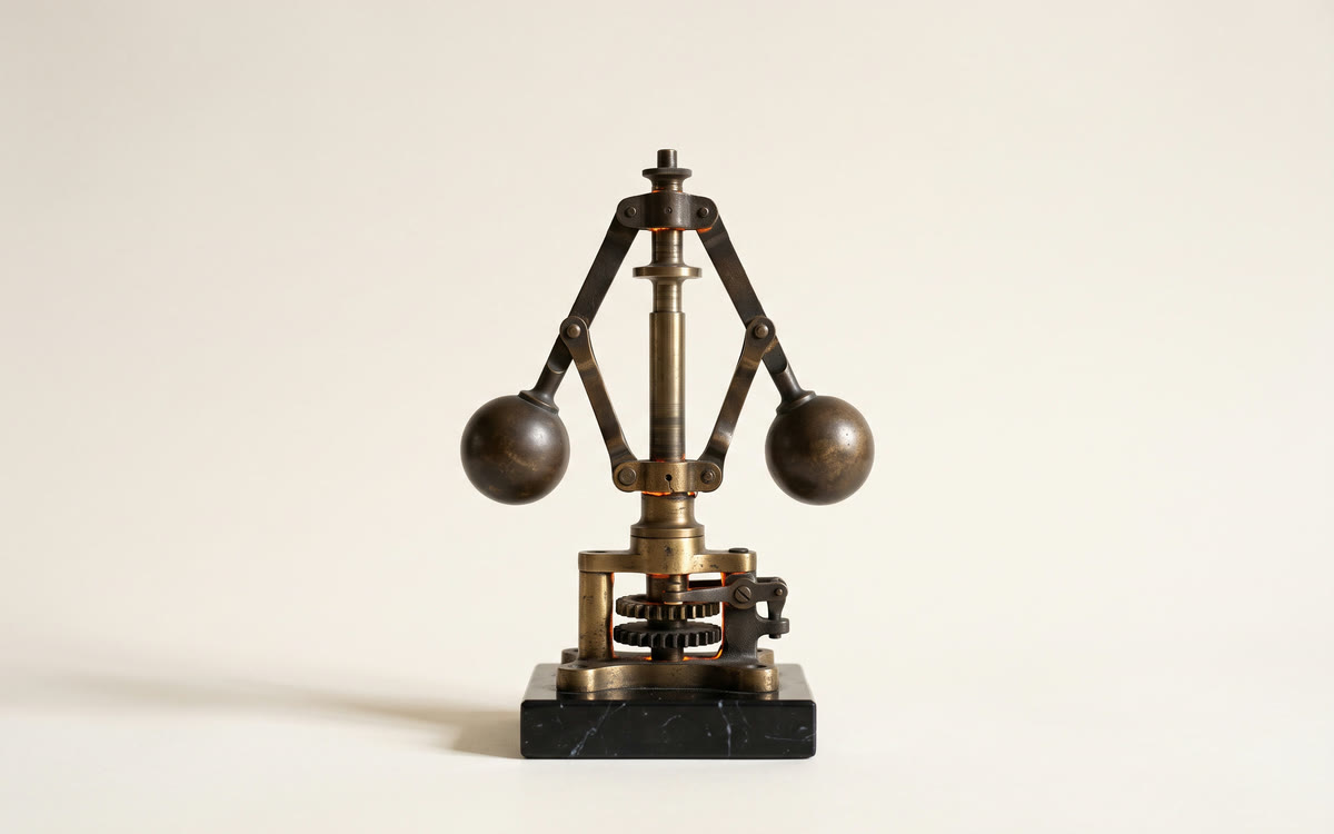 Governador de esferas de bronze sobre base de mármore preto, com uma brasa âmbar entre as engrenagens