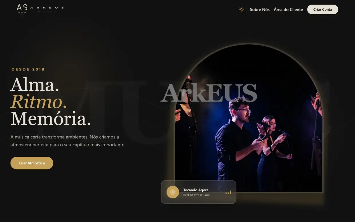 Página inicial da Arkeus Music, com a chamada “Alma. Ritmo. Memória.”