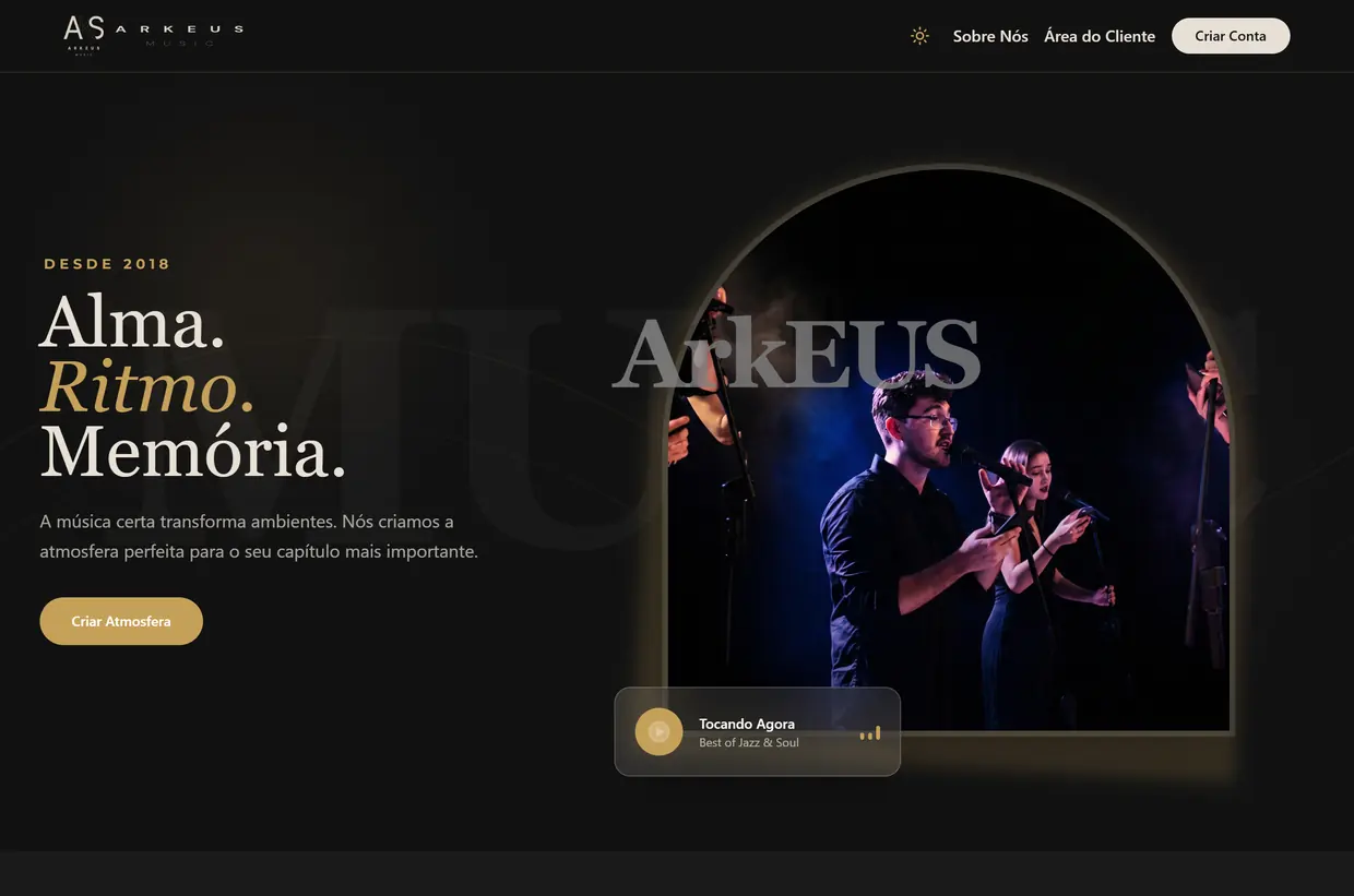 Página inicial da Arkeus Music.