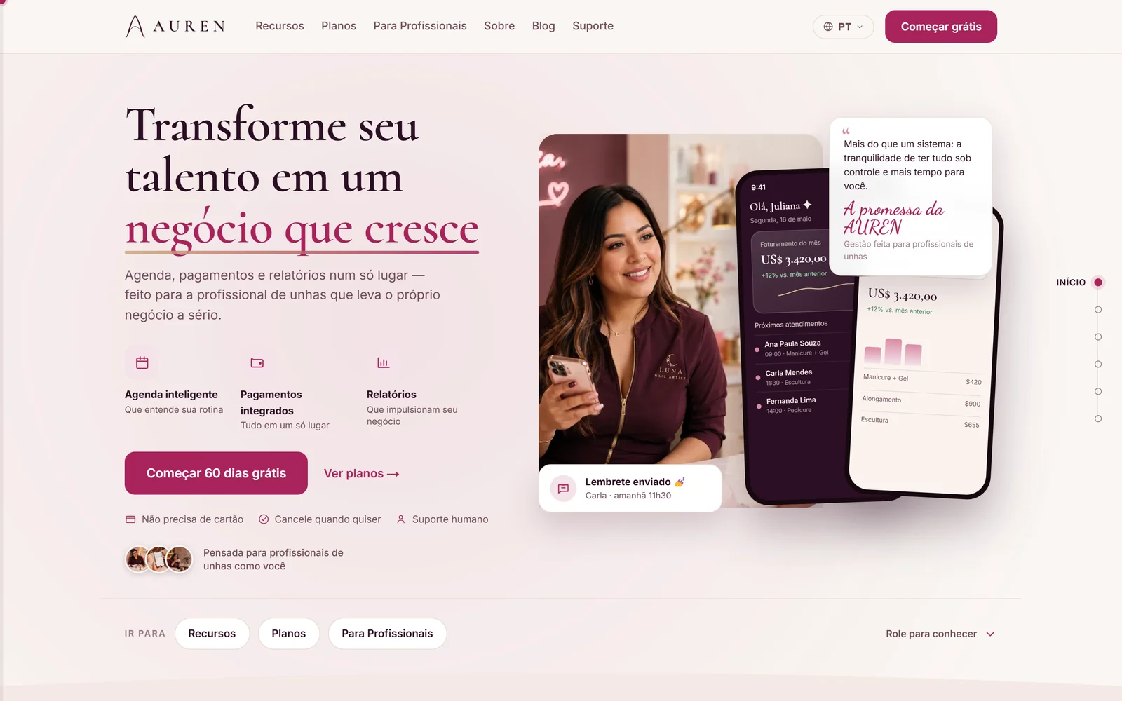 Página inicial da AUREN, com a chamada “Transforme seu talento em um negócio que cresce”.