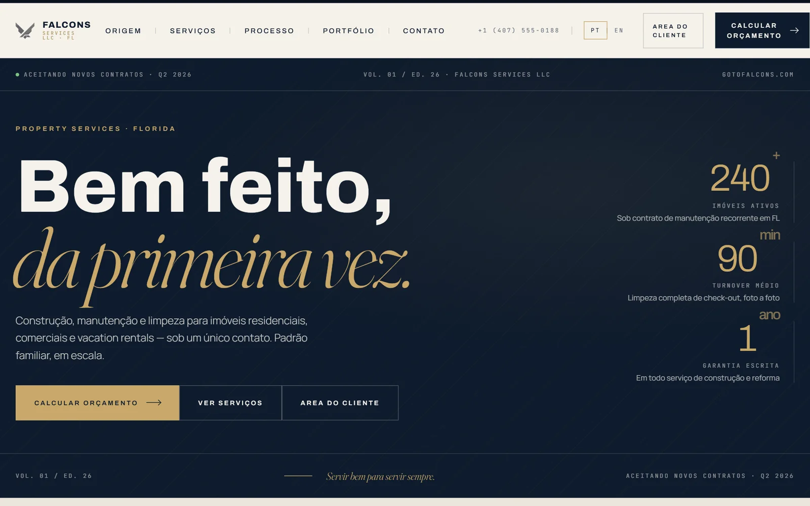 Página inicial da Falcons Services, com a chamada “Bem feito, da primeira vez.”