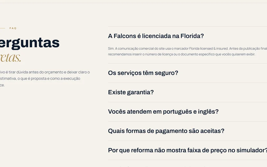 Seção de perguntas frequentes da Falcons.