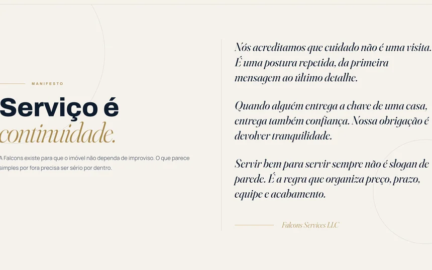 Manifesto da Falcons: serviço é continuidade.