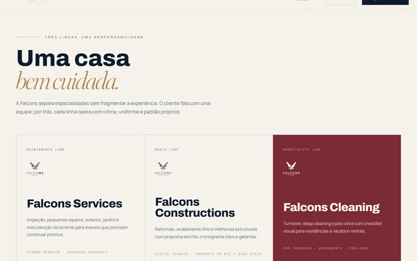 As três linhas da Falcons: Services, Constructions e Cleaning.
