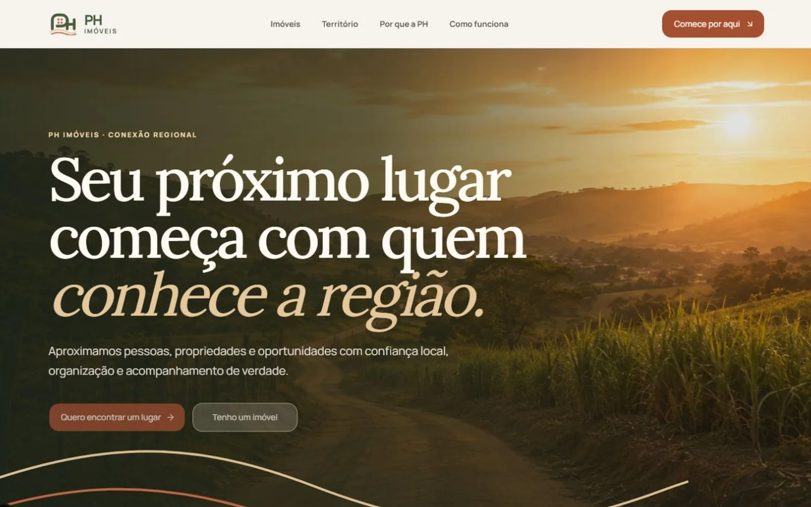 Página inicial da PH Imóveis, com a chamada “Seu próximo lugar começa com quem conhece a região.”