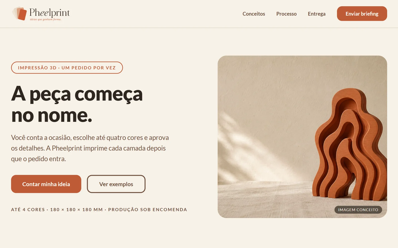 Página inicial da Pheelprint, com a chamada “A peça começa no nome.”