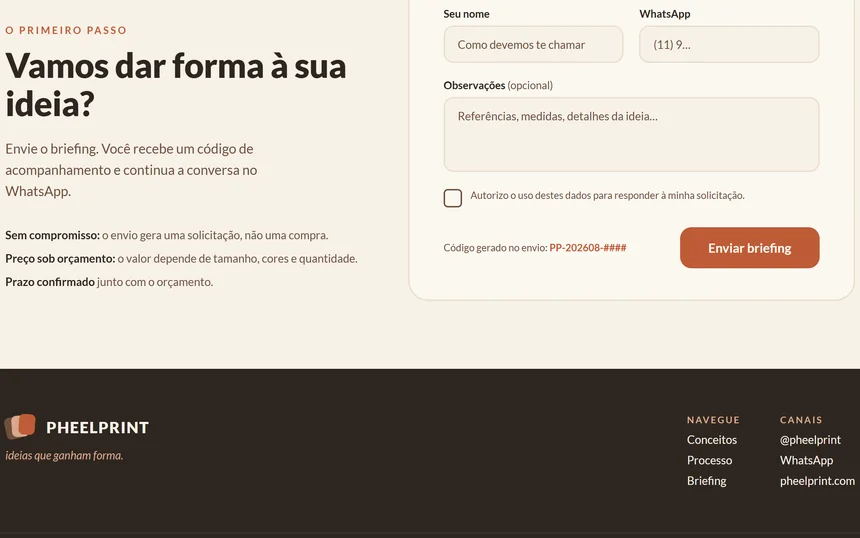 Faixa final da Pheelprint, com o convite para enviar o briefing.